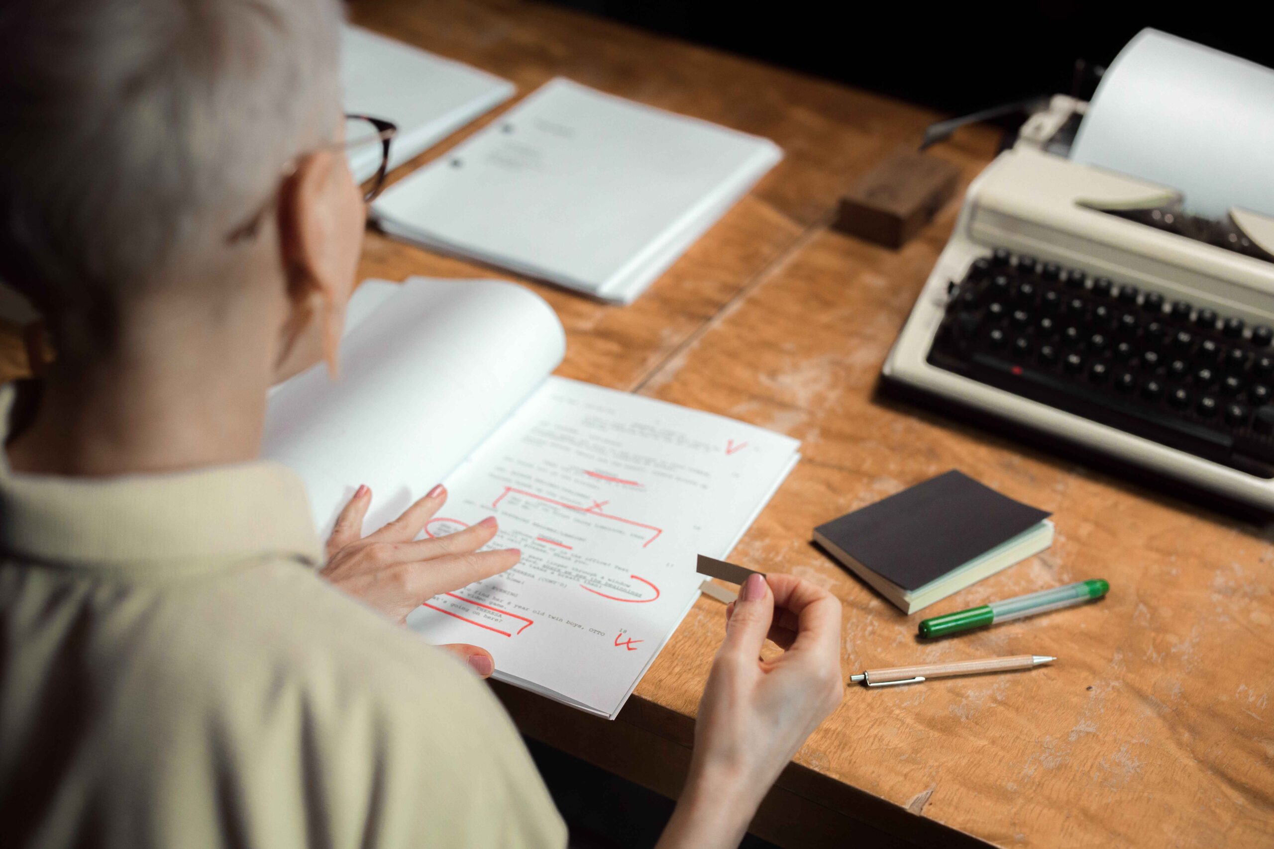 Student reviewing written assignment